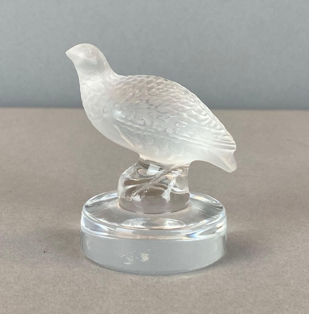Lalique Frosted Crystal Quail Figurine: Lalique Frosted Crystal Quail Figurine Etched on base, measures 2 1/2? H x 2? W x 1 3/4? D