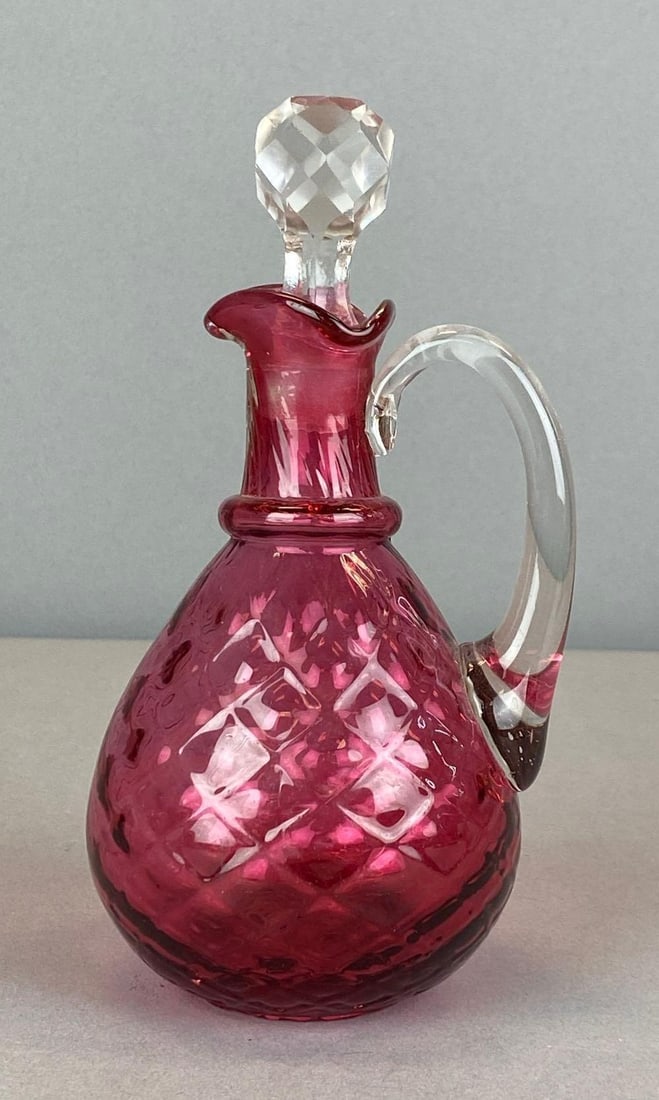 Antique Quilted Cranberry Art Glass Cruet: Antique Quilted Cranberry Art Glass Cruet Measures 6 3/4? H x 3 3/4? W x 3 1/4? D