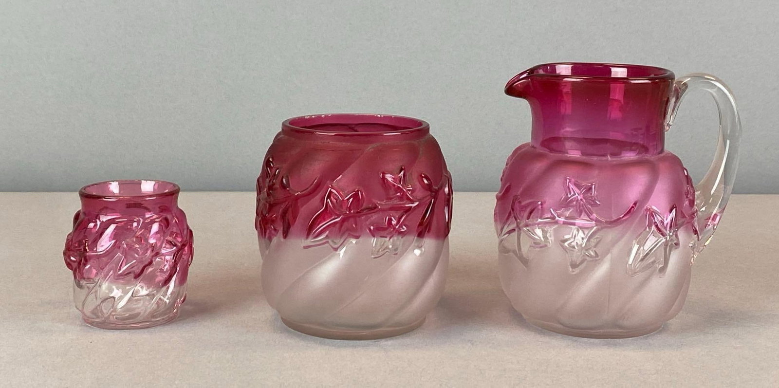 Group of 3 Antique Northwood Royal Ivy Ruby Flash Art Glass Items: Includes creamers sugar and toothpick holder, largest measures 4 1/2? H x 4? W x 3 1/2? D