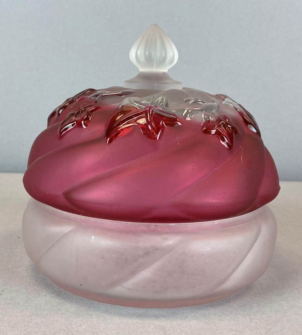 Antique Northwood Royal Ivy Cranberry Frosted Cased Glass: Antique Northwood Royal Ivy Cranberry Frosted Cased Glass Measures 5 1/4? H x 5 1/4? W x 5 1/4? D
