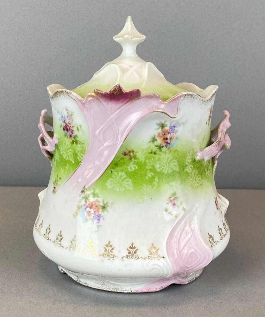Antique Floral Motif Relief Art Nouveau Porcelain Biscuit Jar: Measures 7 1/2? H x 6? W x 6? D