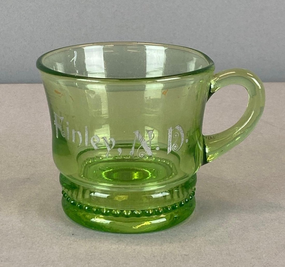 EAPG Finley North Dakota Emerald Glass Souvenir Cup: Measures 2 1/2? H x 4? W x 3? D
