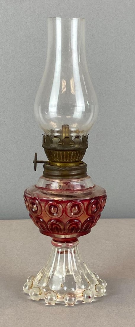 Antique Miniature Ruby Flash Pressed Glass Oil Lamp (1 of 2)