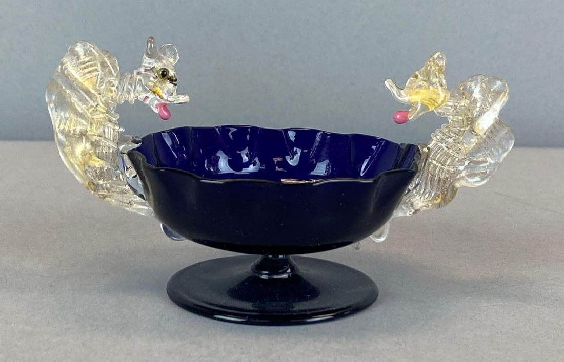 Cobalt Gold Fleck Figural Dragon Handle Art Glass Trinket Dish (1 of 4)