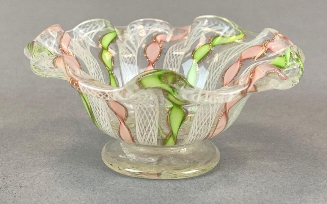 Vintage Murano Pink Green Ribbon Latticino Art Glass Salt (1 of 4)
