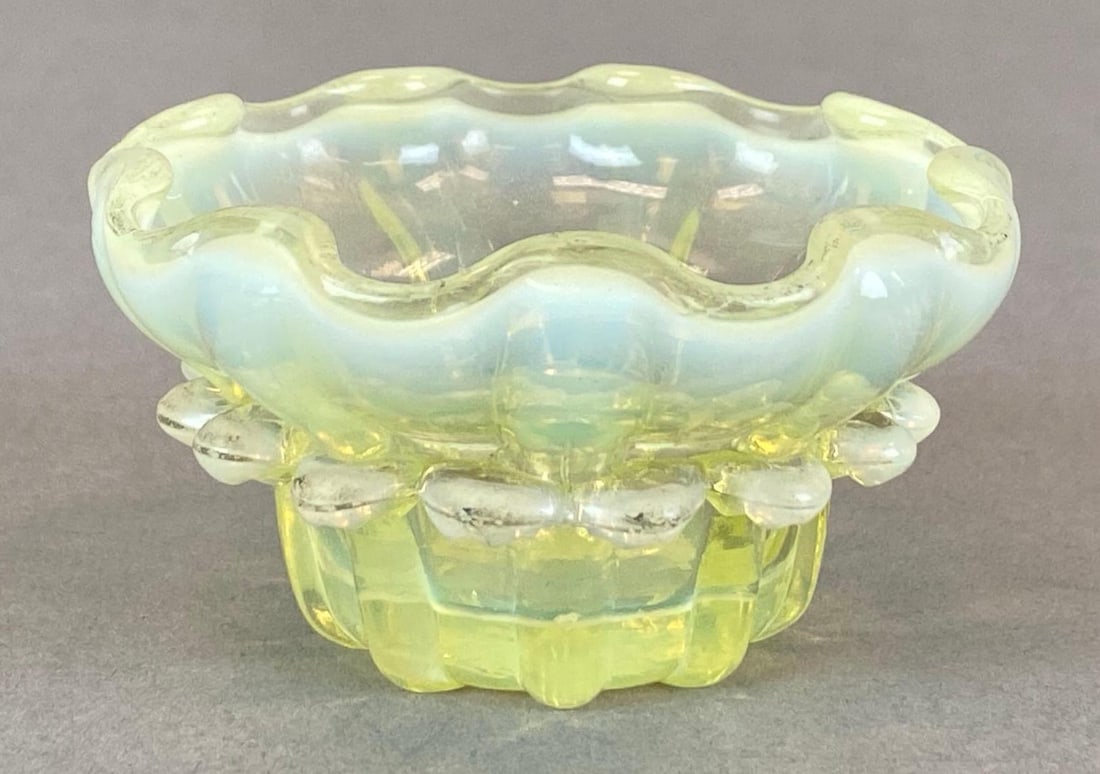 Vintage Welsh Ruffled Opalescent Vaseline Glass Salt (1 of 4)