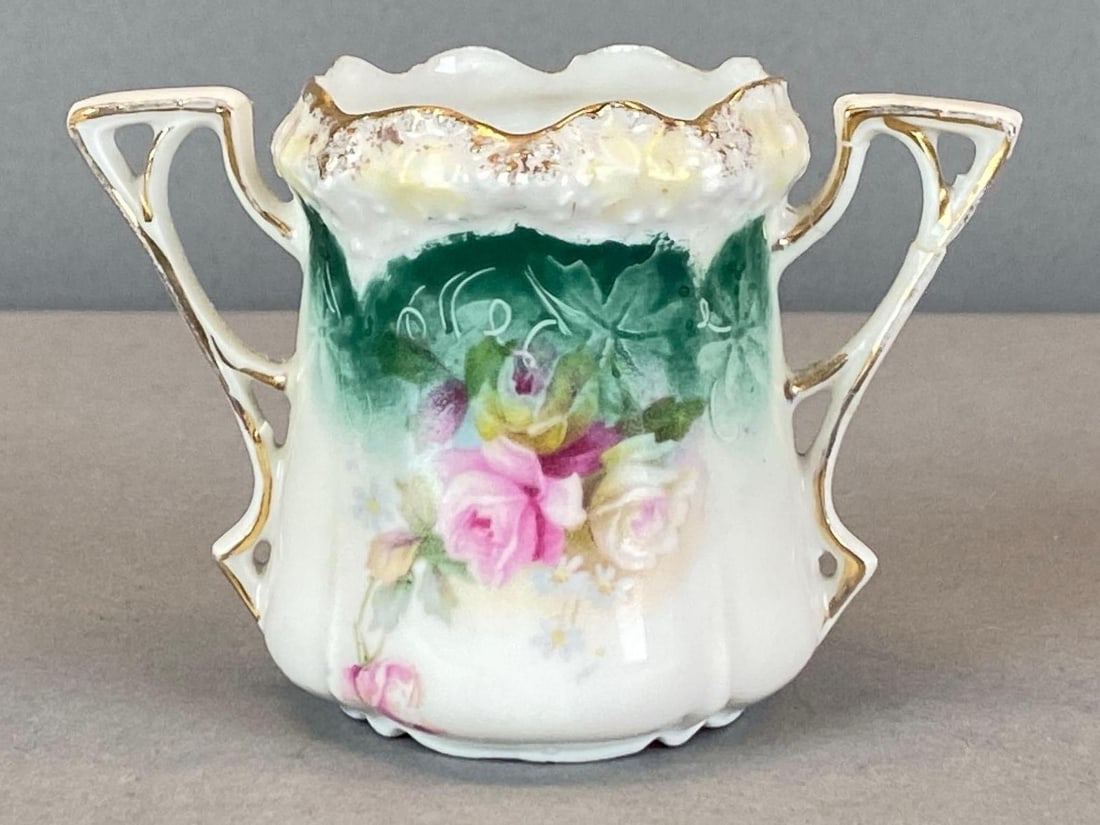 Antique Floral Motif Stippled Porcelain Toothpick Holder: Measures 2 1/4? H x 3 1/4? W x 2? D