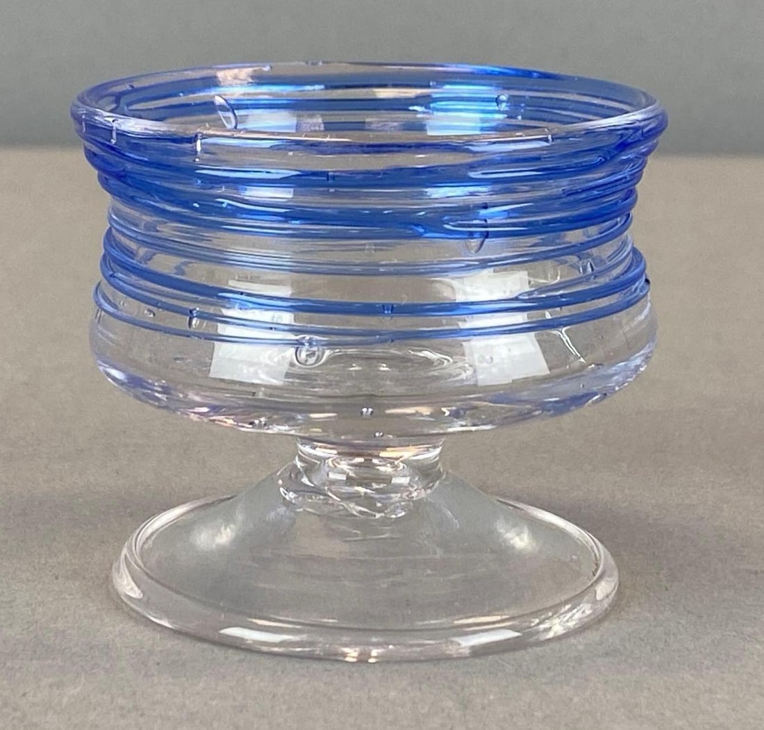 Steuben Applied Cobalt Swirl Art Glass Cordial: Features bubble inclusions, pontil mark shown, measures 2? H x 2 1/2? W x 2 1/4? D