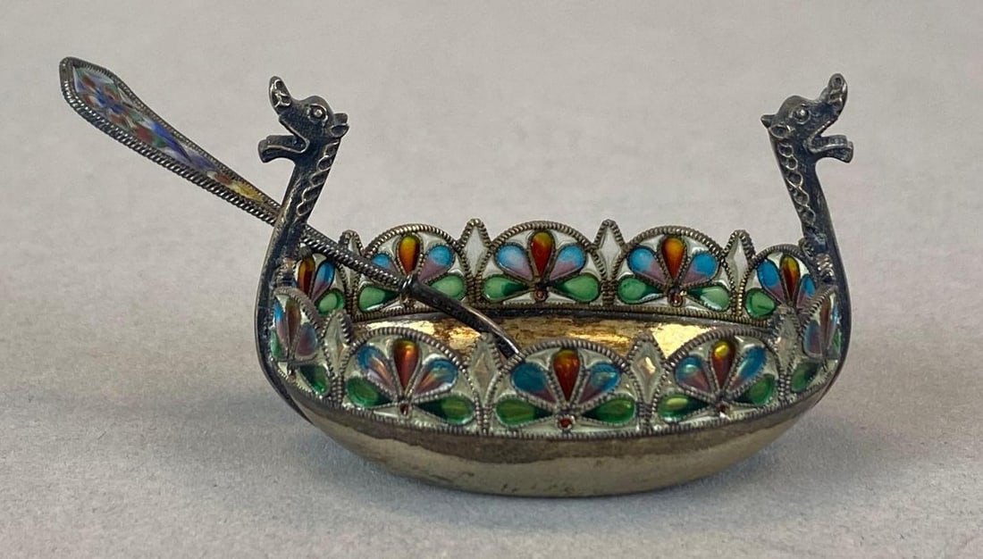 Marcus Hammer Silver Plique-?-jour Viking Longship Salt (1 of 6)