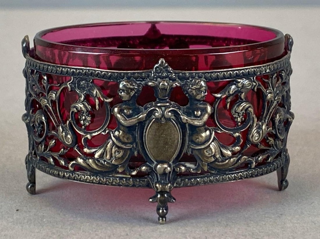 Antique Art Nouveau Cranberry Glass Salt: Frame marked on base, Measures 1 1/4? H x 2? W x 1 1/2? D