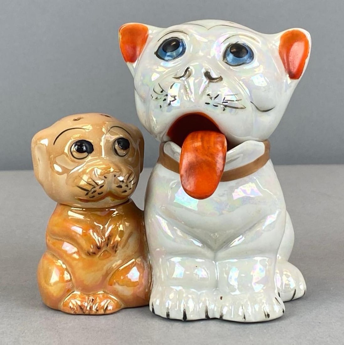 Japanese Lusterware Bonzo the Dog Porcelain Salt and Pepper Condiment Set: Marked on base, original tongue spoon, measures 4? H x 4? W x 2 1/2? D