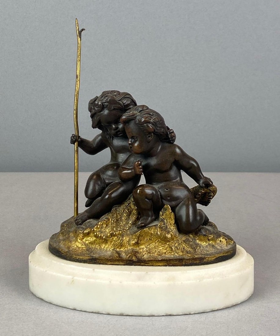 Antique Bronze Clodion Style Cherub Statue On White Marble Base (1 of 5)
