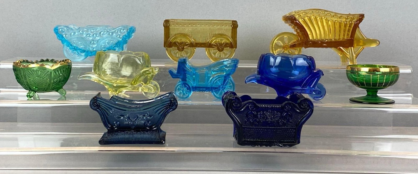 Group of Vintage Pressed Glass Salts: some chips/cracks, largest measures 2 1/2? H x 4 1/2? W x 2? D