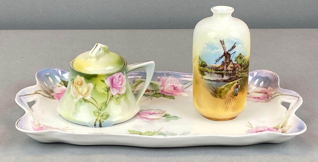 Group of 3 Antique RS Germany Porcelain Items: All marked on base, Includes vanity plate, Bud vase and sugar, largest measures 10 1/4? W 6? D