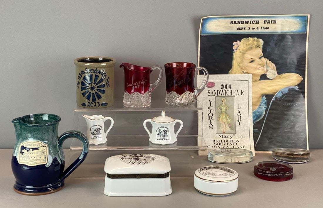 Group of 1940s - 2020s Sandwich Fair Souvenirs: Includes paperweights, creamer, sugar and more, largest print measures 14? H x 11? W