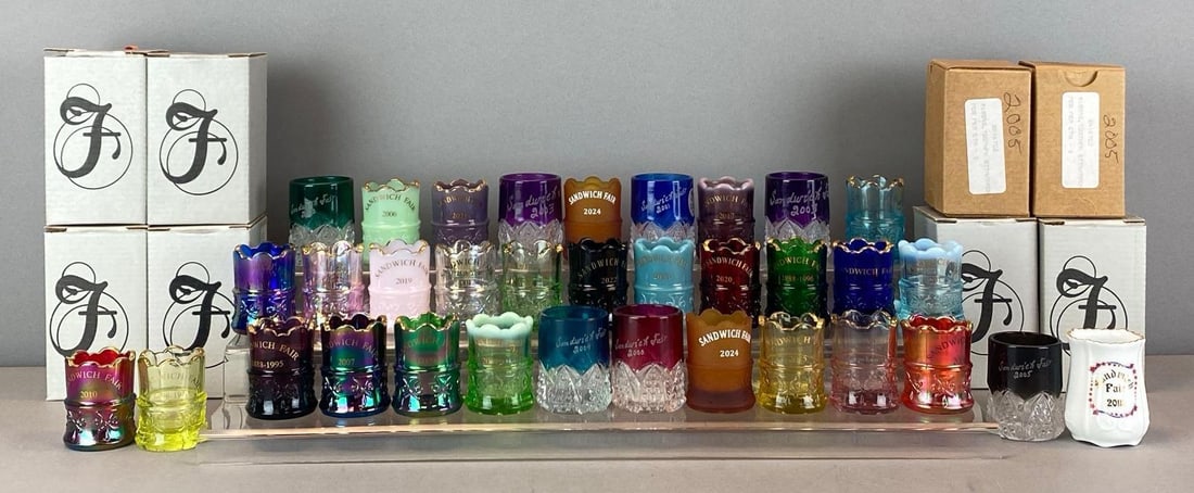 Group of 1990s - 2020s Sandwich Fair Glass Toothpick Holders: Includes 4 in original boxes, largest box measures 4 1/2? H