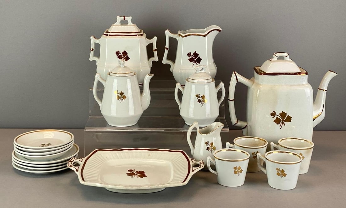 Set of Antique Mellor Taylor Co. Stone China Items: Includes teapot, creamer, sugar, teacups and more, most marked on base, largest measures 9? H x 9? W x 4? D