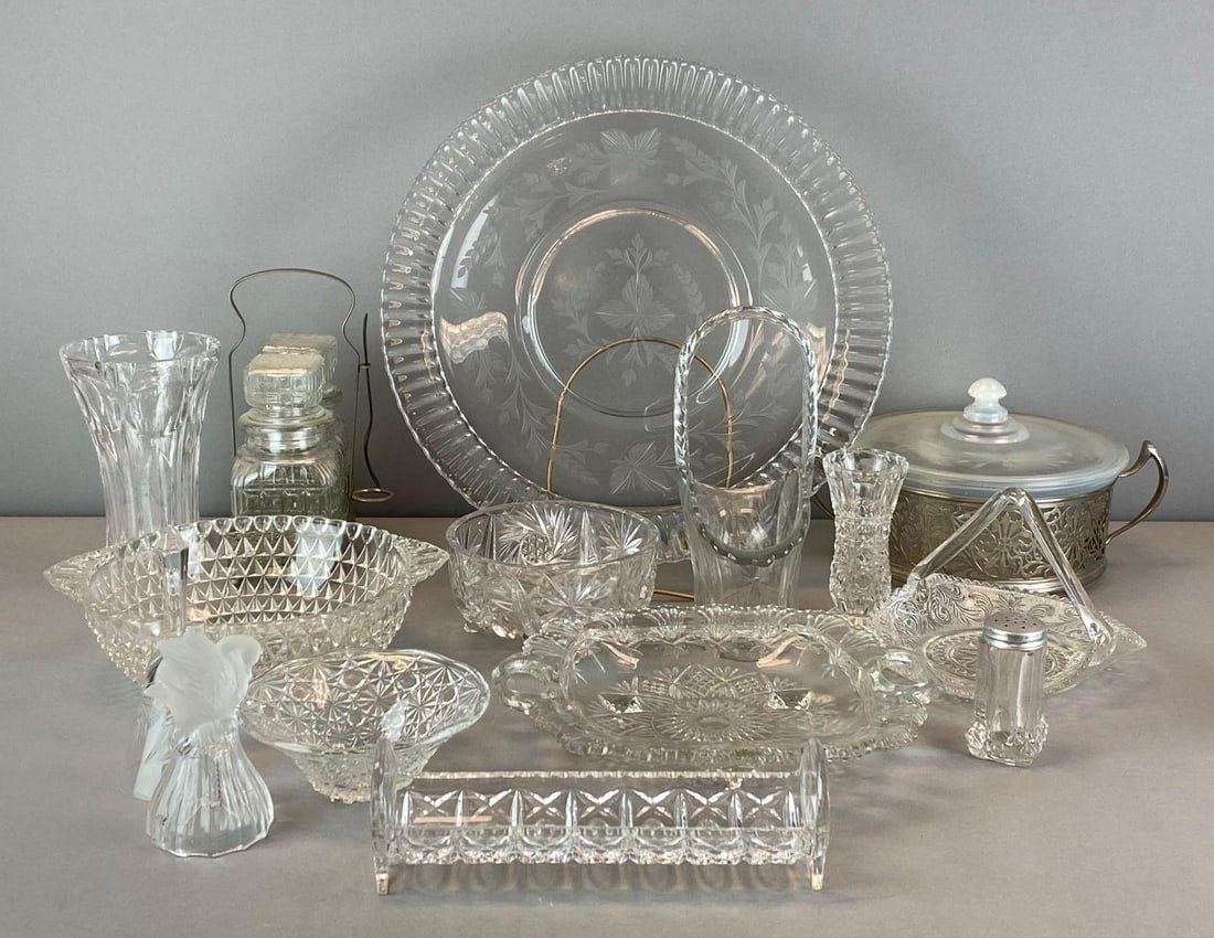 Group of Assorted Glass and Crystal Items: Includes Centerpiece plate, bells, vases and more, largest measures 15? in diameter
