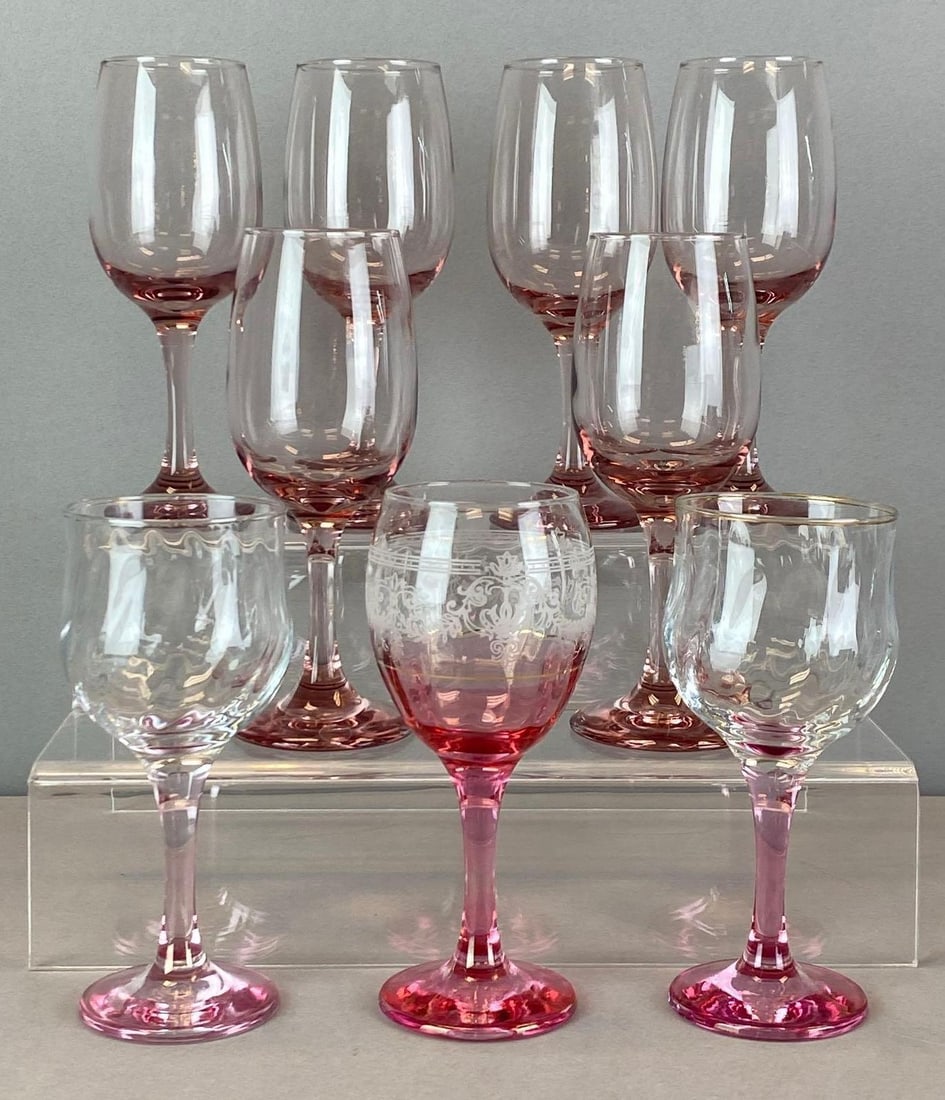 Group of Cranberry Glass Stemware: One etched glass, largest measures 7 1/4? H