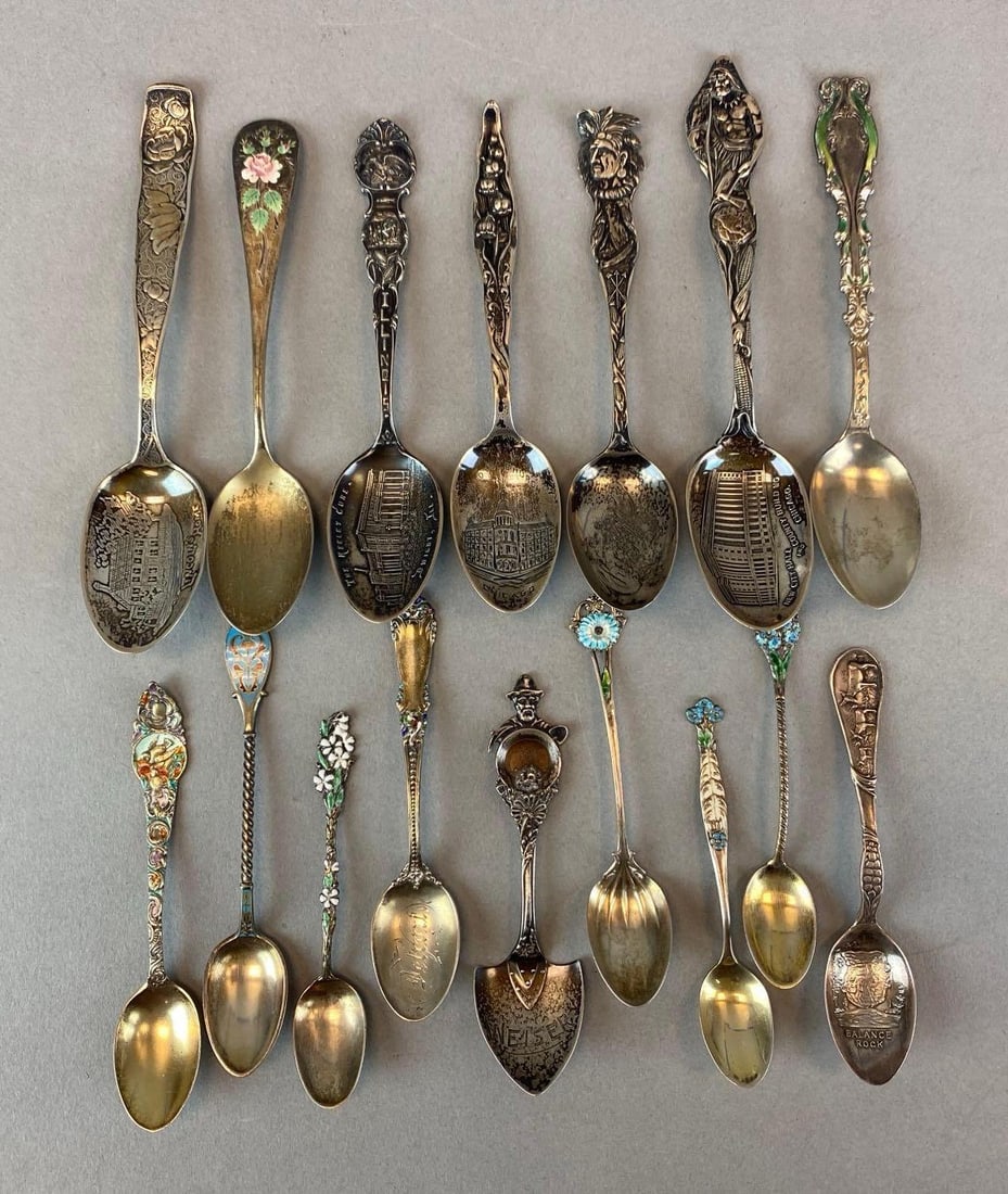 Group of 16 Sterling Silver Souvenir Spoons: Total weight of 201.8 grams, some spoons have enamel decorations, includes balance rock, Chicago, Lincoln?s home and more, longest measures 6