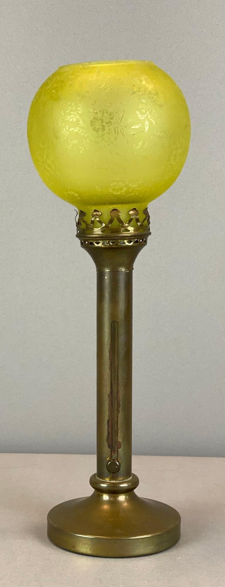 Vintage Brass Safety Push Up Candlestick: Features a frosted Etched Yellow glass Lamp Shade, Measures 13? H x 4 1/2? W x 4 1/2? D