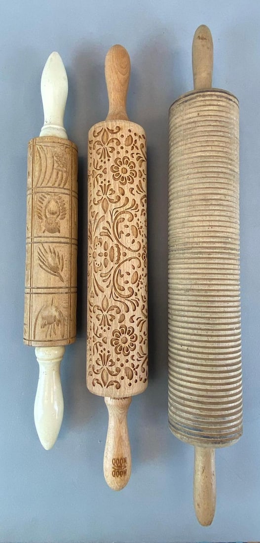 Group of 3 Textured Wood Rolling Pins: Largest measures 19? H x 2 1/2? W