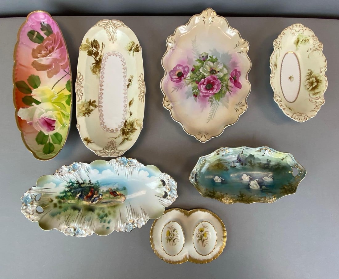 Group of 7 Antique Porcelain Trays: Group of 7 Antique Porcelain Trays Largest measures 6? H x 12? W x 1 1/2? D