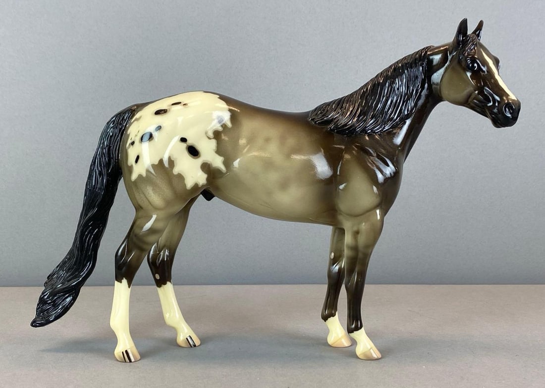 1999 Peter Stone Signed Appaloosa Horse Plastic Figurine: Marked and signed on belly and thigh, measures 8 1/2? H x 12? W x 2 1/2? D