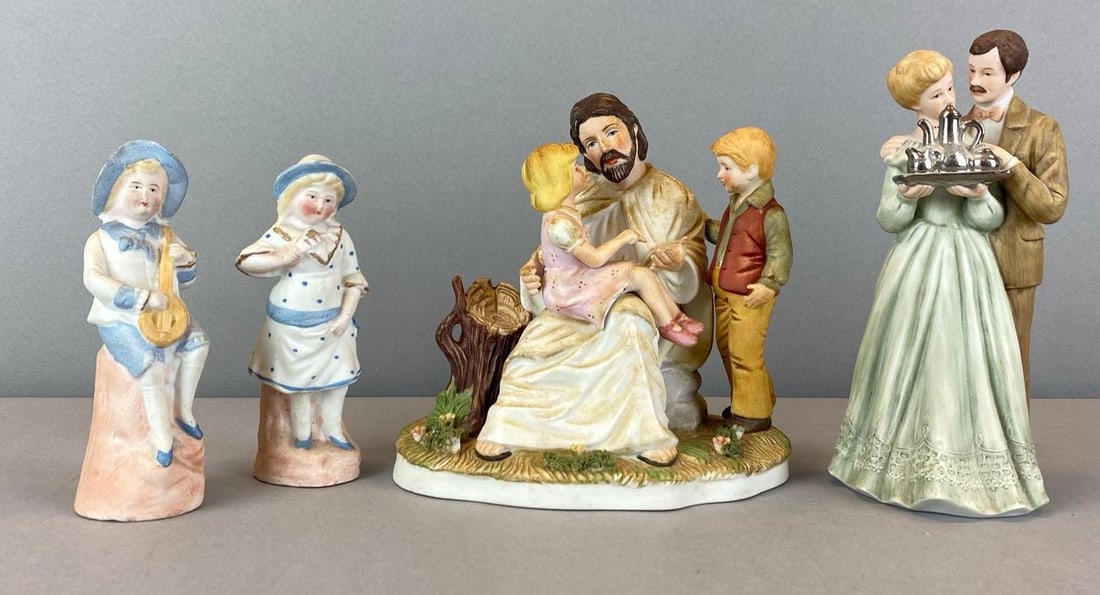 Group of Vintage Porcelain Figurines: 2 marked on base, Includes Jesus Christ, children and a couple, largest measures 6 1/2? H x 6 1/2? W x 4 1/2? D