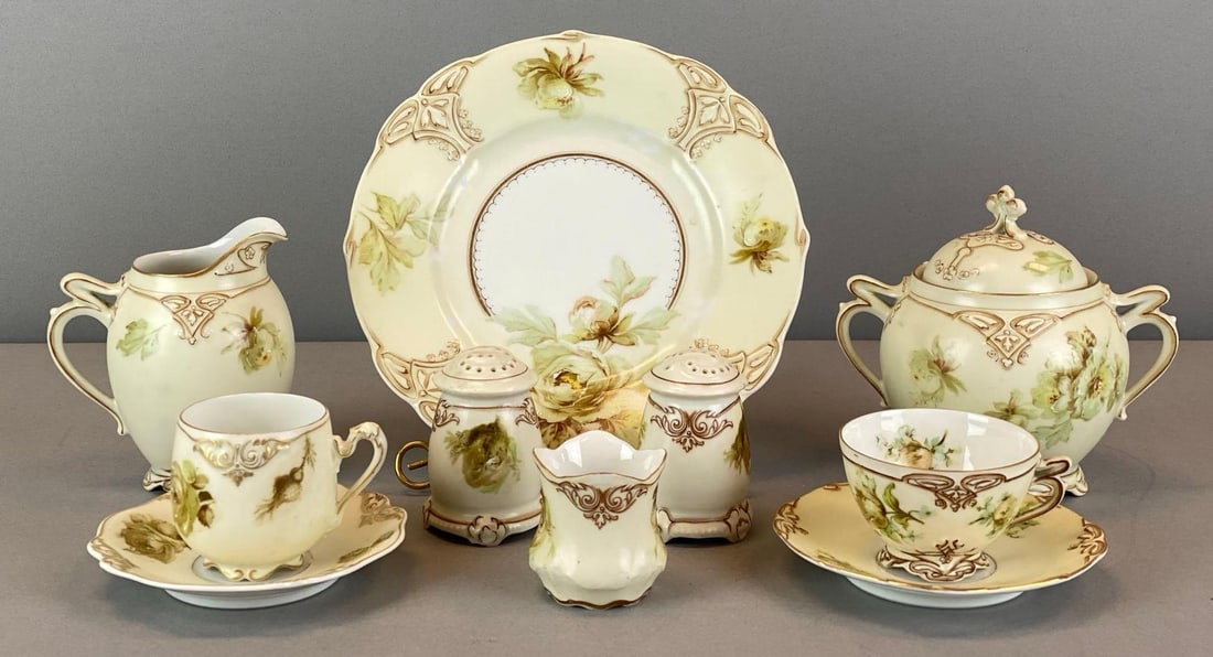 Group of Antique Old Ivory Art Nouveau Porcelain Items: All marked on base, mixed sets, includes teacups, saucers, creamer and more, plate measures 7 1/2? in diameter