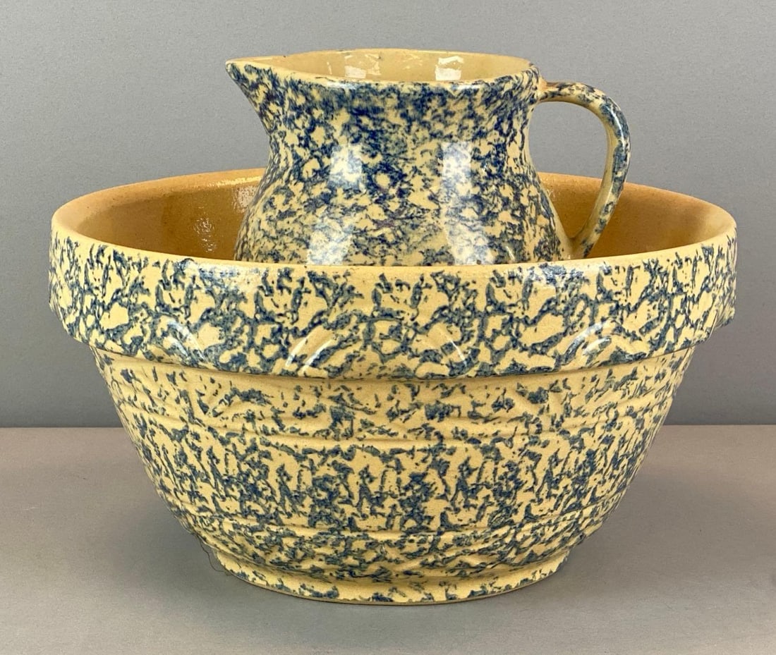 Antique RRP Blue Spongeware Stoneware Wash Basin and Pitcher: Robinson Ransbottom Pottery, both marked on base, basin measures 6 1/2? H x 12? W