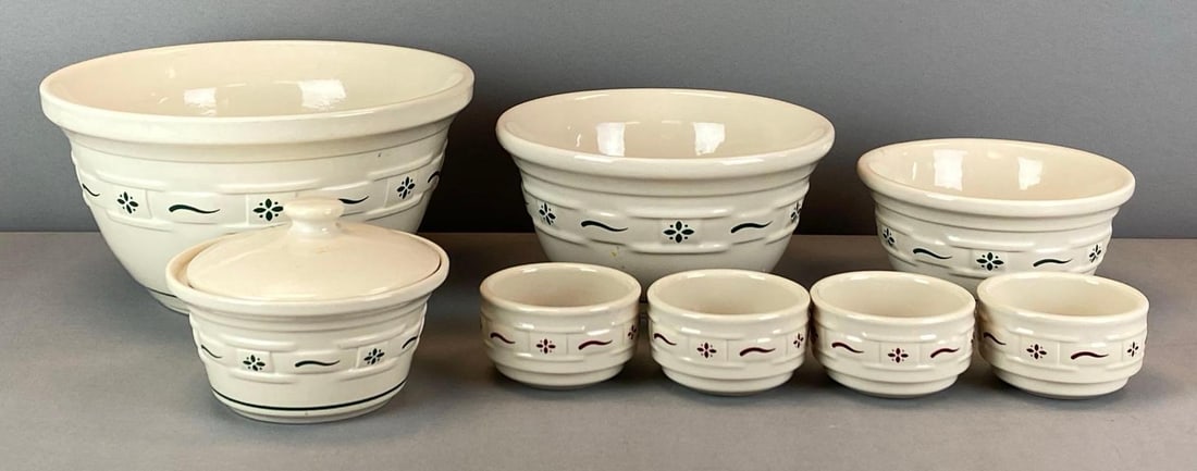 Group of Longaberger Pottery Nesting Mixing Bowls and More: All marked on base, Largest measures 5 1/2? H x 10? W