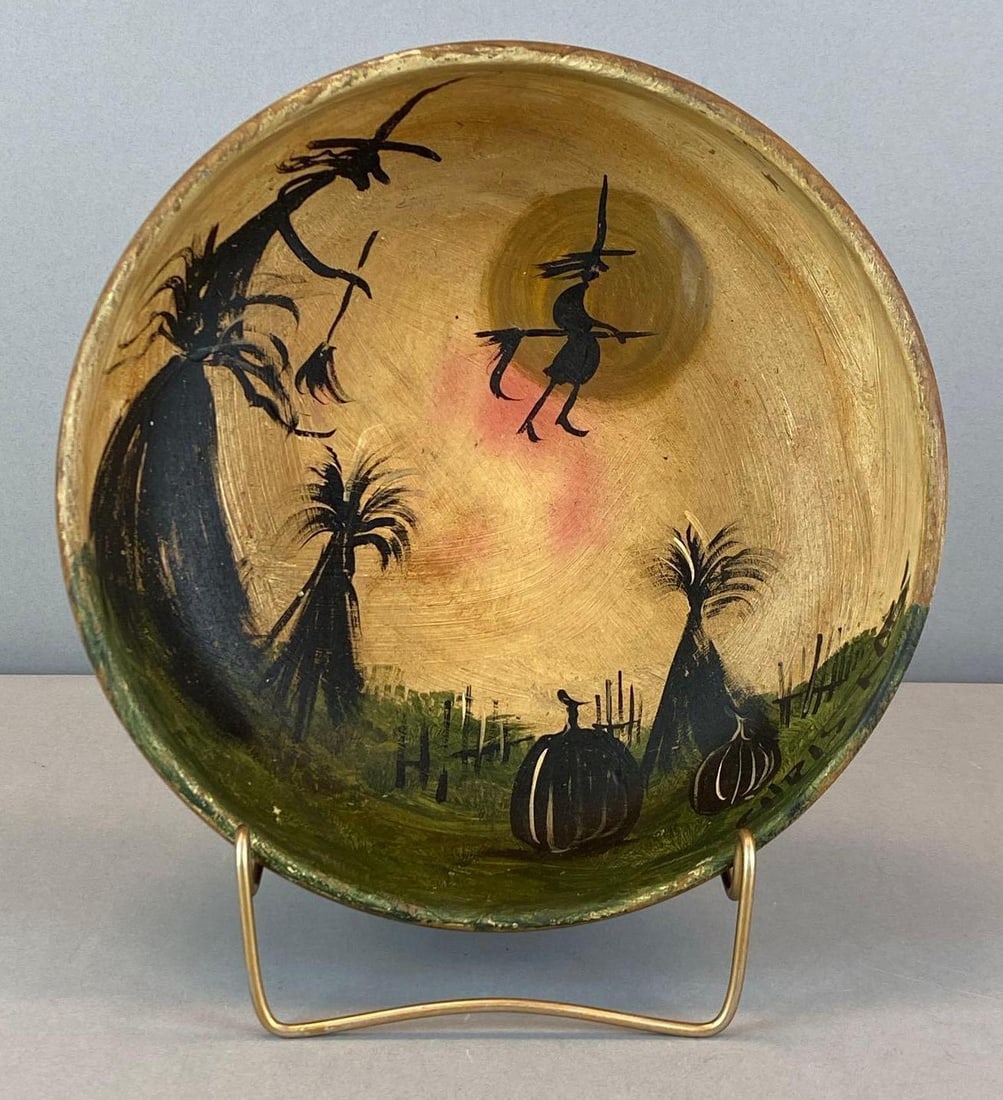 Artist Signed Halloween Witches Wood Bowl: Signed on interior of bowl, measures 3 1/2? H x 9 1/2? W x 9 1/2? D