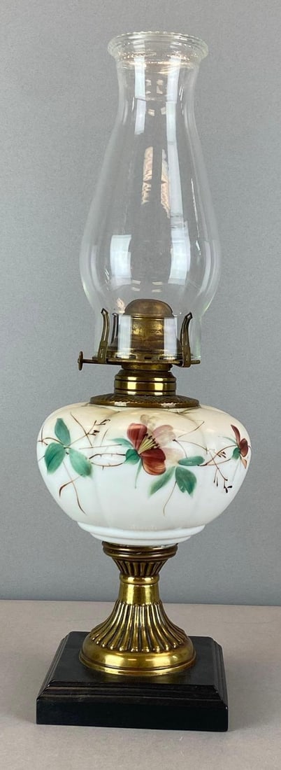 Antique Hand Painted Floral Motif Oil Lamp: Bulbed Floral motif resevoir, measures 18? H x 6? W x 6? d