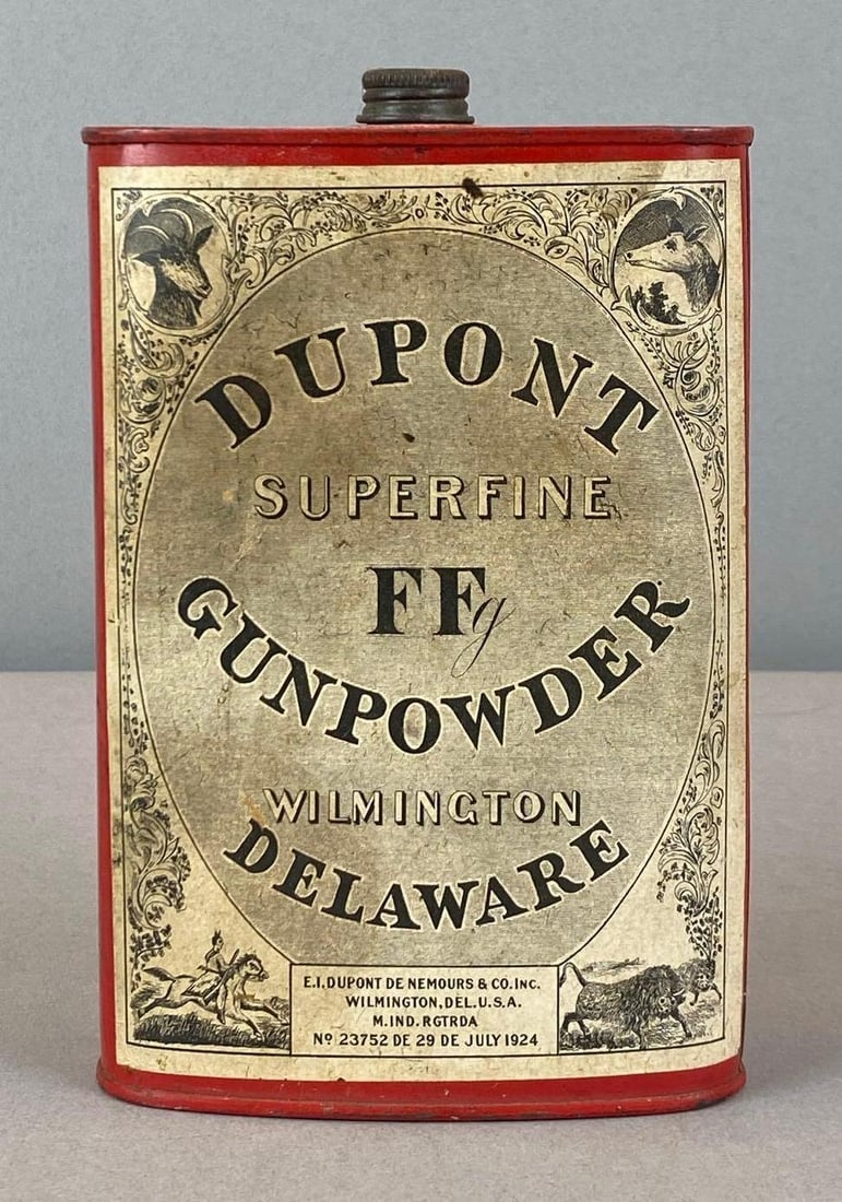 1924 DuPont Superfine FF Gunpowder Metal Advertising Flask: 1924 DuPont Superfine FF Gunpowder Metal Advertising Flask Some rust and wear, measures 6 1/4? H x 4? W x 1 1/4? D
