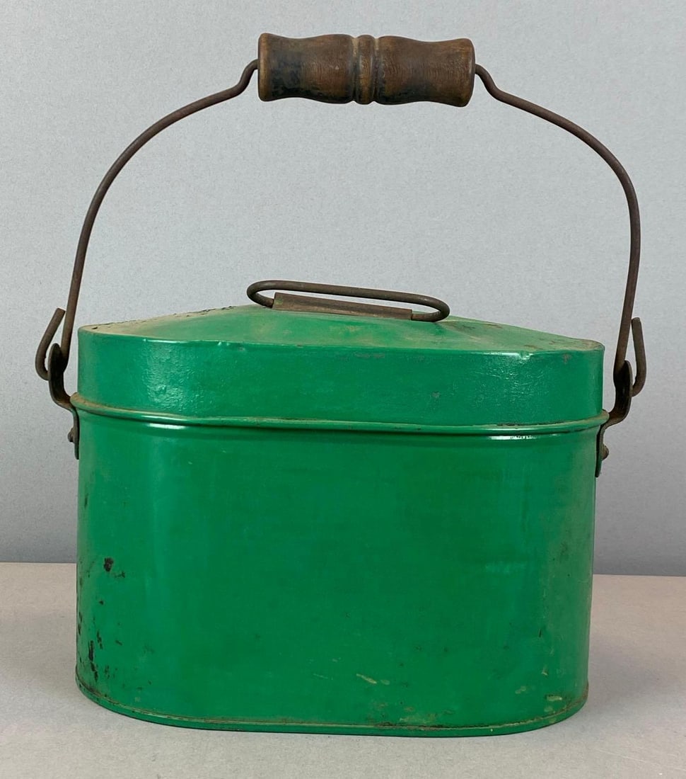 Antique Metal Lunchbox: Inner tray stuck, Repainted with some paint wear, measures 7? H x 9? W x 6? D