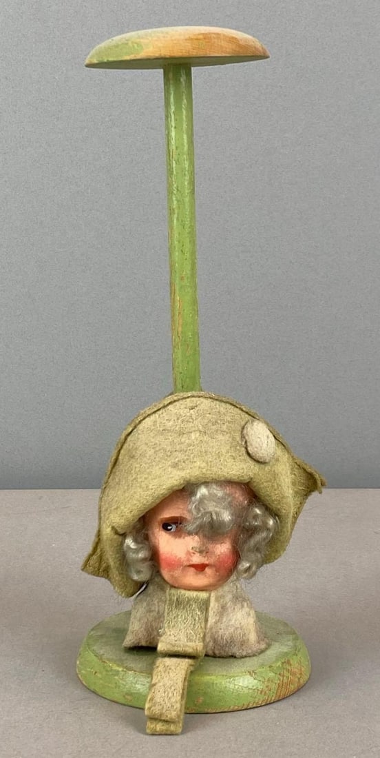 Antique Marshall Field and Co Antique Doll Head Wood Hat Stand: Makers sticker on base, measures 9 1/2? H