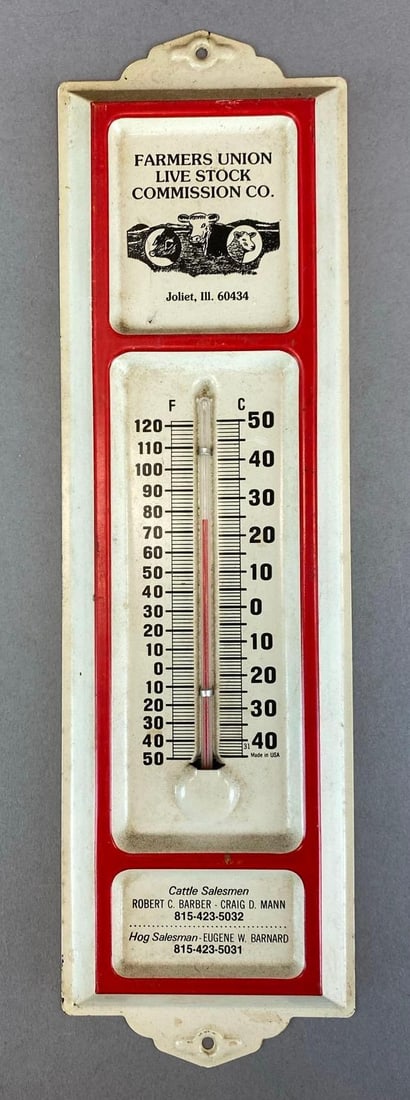 Vintage Famers Union Live Stock Commission Joliet IL Metal Advertising Thermometer: Vintage Famers Union Live Stock Commission Joliet IL Metal Advertising Thermometer In working condition, measures 13? H x 3 3/4? W