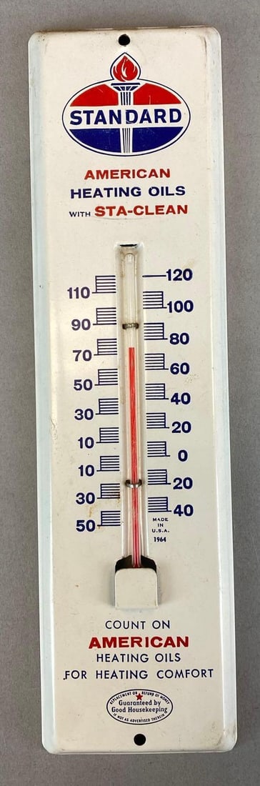 Vintage Standard Oil Metal Advertising Thermometer: In working condition, measures 11 1/2? H x 3? W