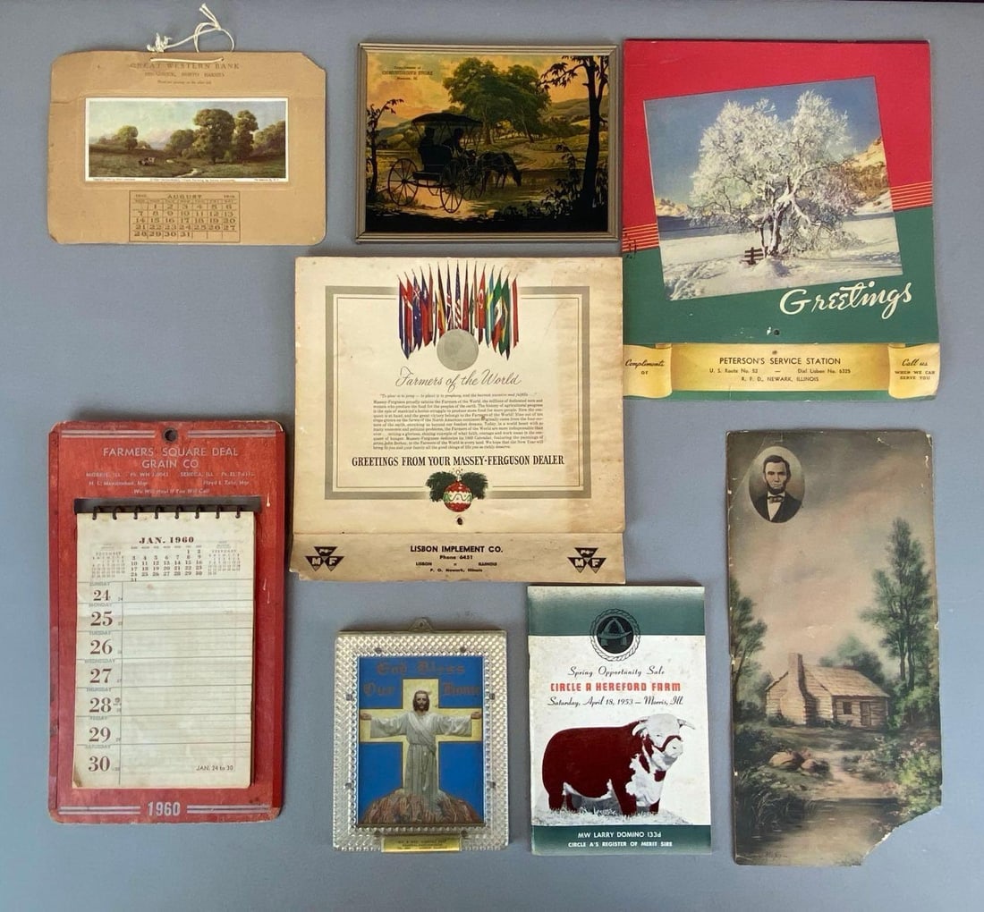 Group of Vintage Midwest Advertising Ephemera: Mostly Newark illinois, Includes Peterson service station, farmers square deal and more, largest measures 10? H x 10? W