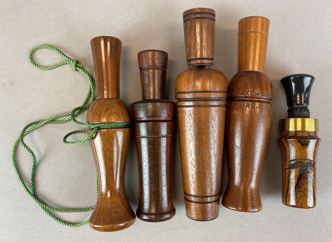 Group of 5 Modern Wood Duck Calls: Some marked, Largest measures 7? H