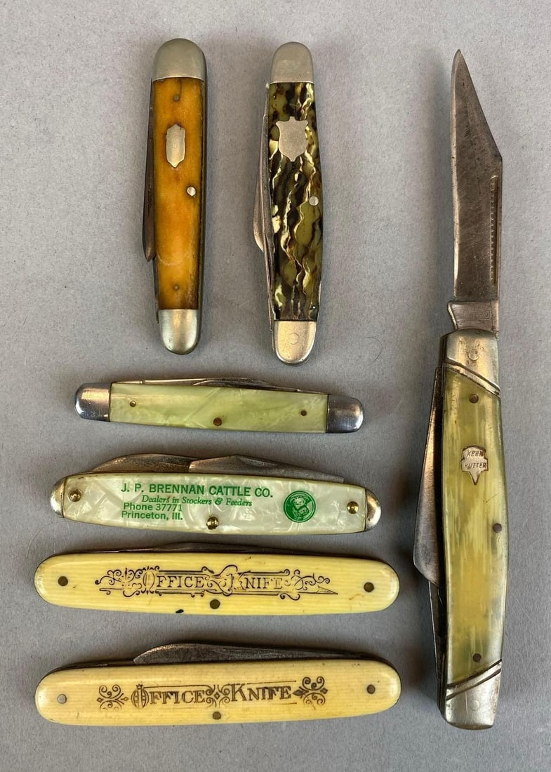 Group of Vintage Pocket Knives: Includes Keen Kutter, Office Knife, JP Brennan Cattle Advertising and more, largest measures 7? in length with a 2 3/4? blade