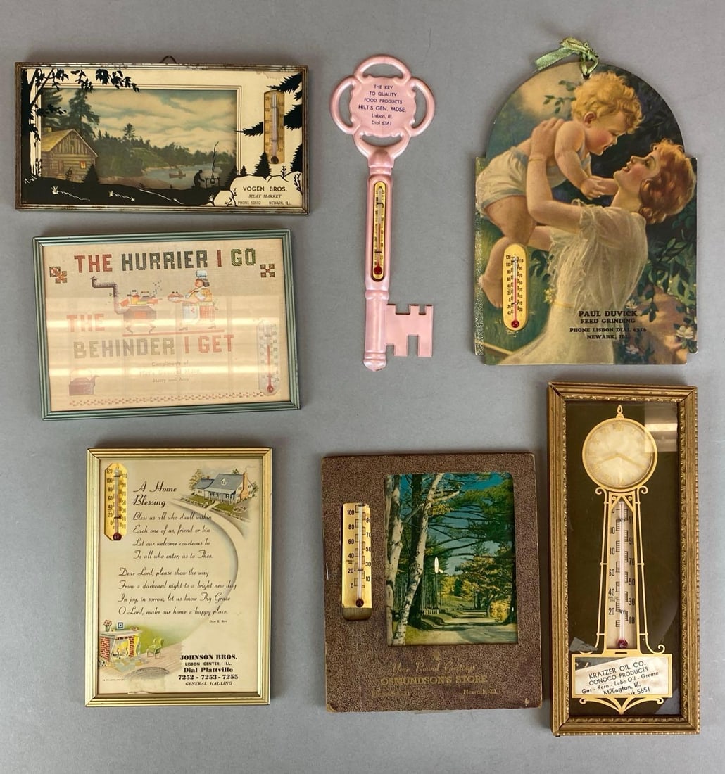 Group of Vintage Illinois Advertising Thermometers: Untested, Includes Paul Duvick Feed, Hilts General merchandise, Vogen bros and more, largest measures 9 3/4? H x 4? W