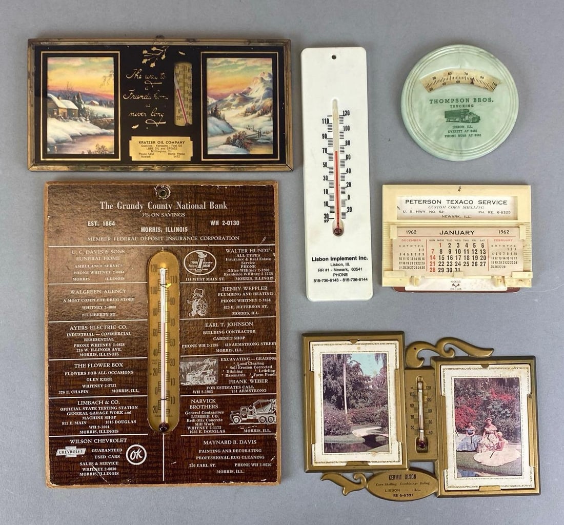Group of Vintage Illinois Advertising Thermometers: Untested, includes Kermit Olson, Peterson Texaco Service, Thompson bros and more, largest measures 9 1/2? H x 7? W
