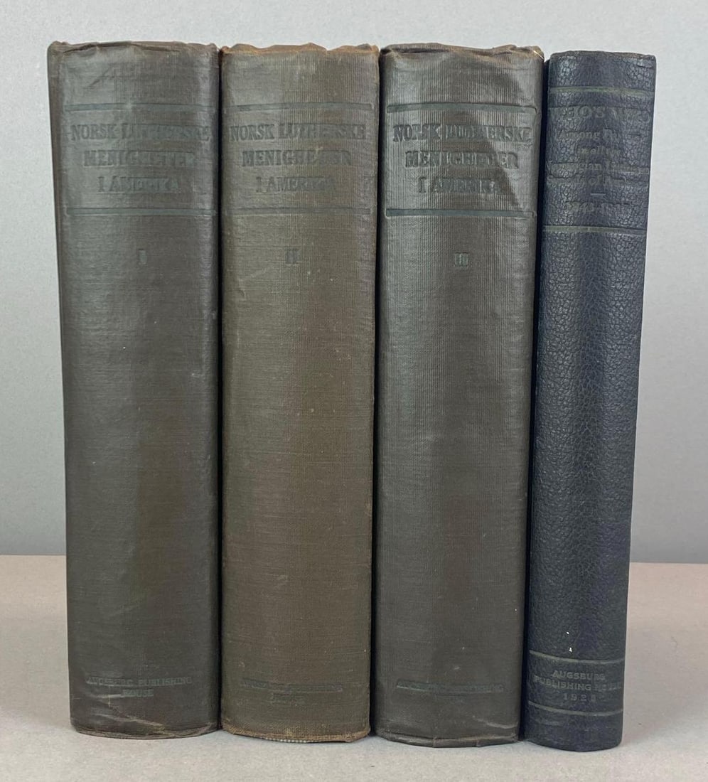 Group of 4 1910s-1920s Norwegian Lutheran Hardcover Books: publisher - Augsburg Publishing House, Inclufed Vol 1 and 2 of norsk Lutherske Menigheter I Amerika and Who?s Who, largest measures 9 1/2? H x 6 1/2? W