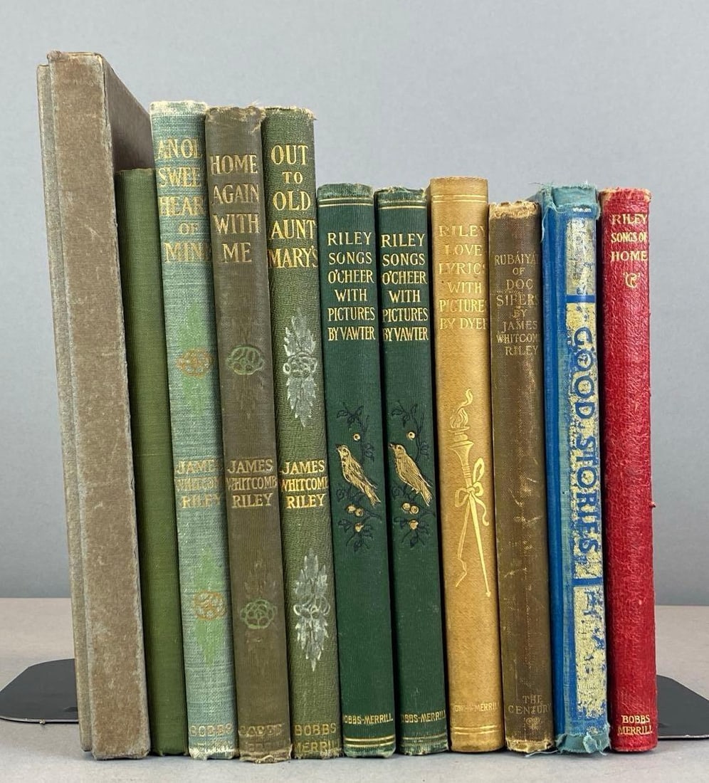 Group of Antique James Whitcomb Riley Poem Hardcover Books: publisher - Bobbs Merrill, includes songs of home, out to old aunt Mary?s, home again and more, largest measures 9 1/2? H x 7? W