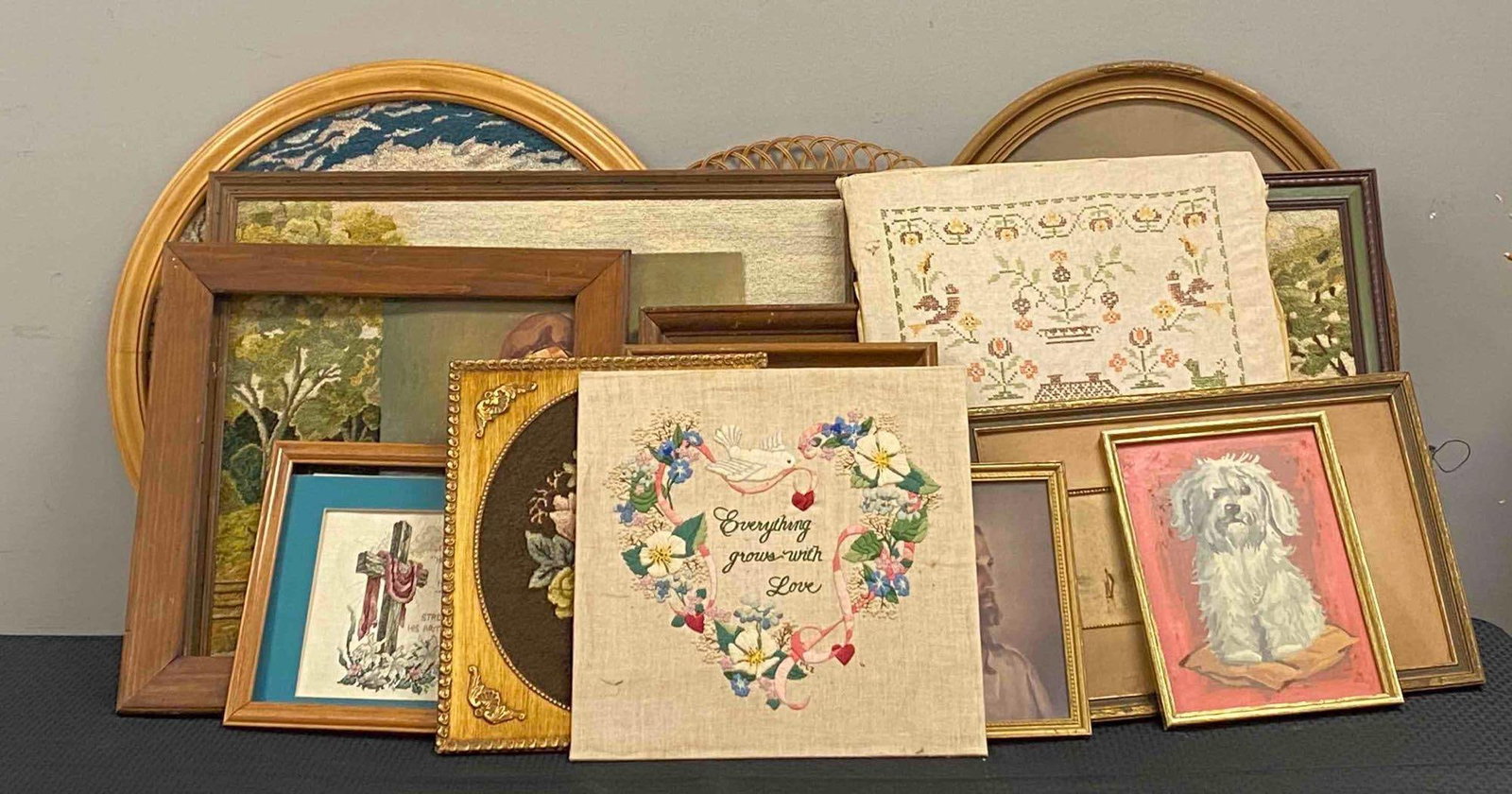 Group of Assorted Floral and Religious Paintings and More: Includes Jesus Christ, embroidery, red covered bridges and more, largest measures 27? H x 20? W
