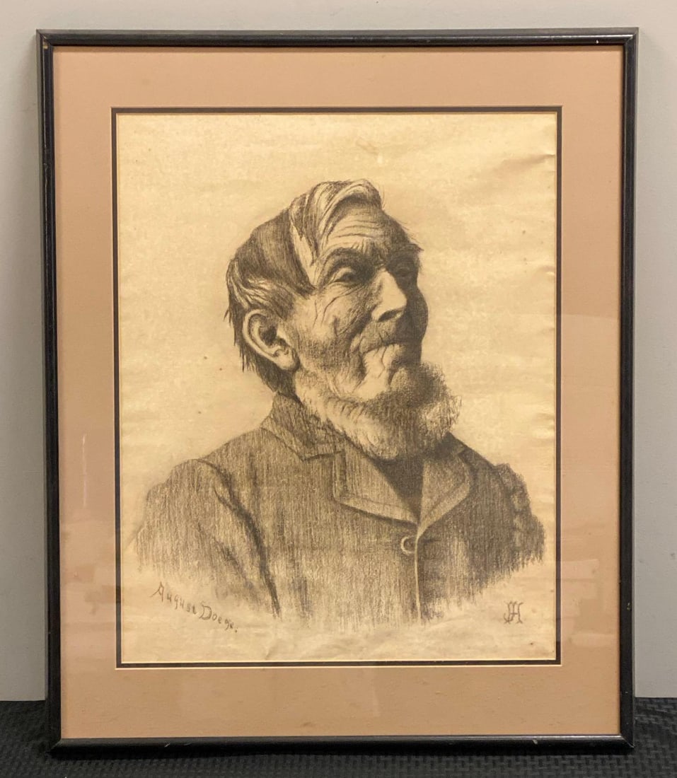 August Doege Signed Charcoal Portrait On Paper: Artist signature on bottom left corner, monogram signature on bottom right. measures 29? H x 23? W