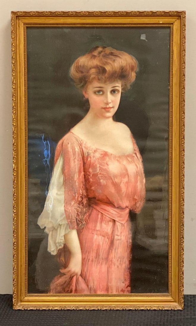 Antique Sandwich Fair Woman in Pink Dress Lithograph on Canvas: Antique Sandwich Fair Woman in Pink Dress Lithograph on Canvas Frame measures 28 1/2? H x 16 1/2? W
