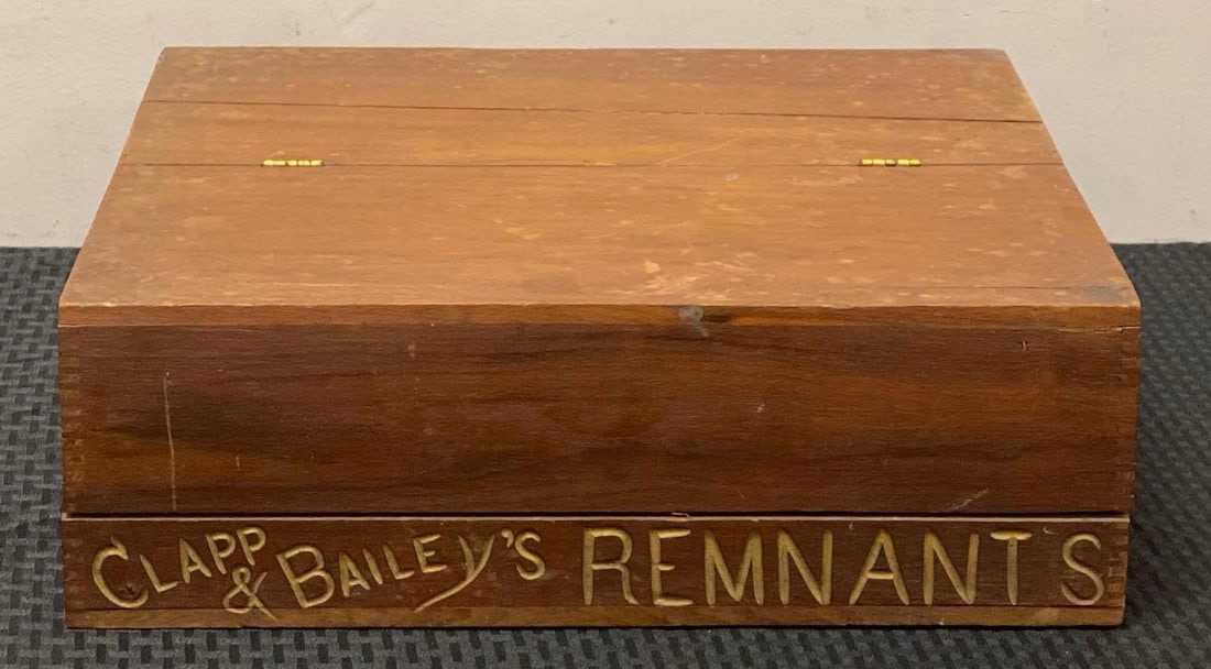 1880s Clapp and Baileys Remnants In Store Countertop Wood Display: Dovetail Joint corners, Large crack on top, needs cleaning, measures 5? H x 16 1/4? W x 16? D